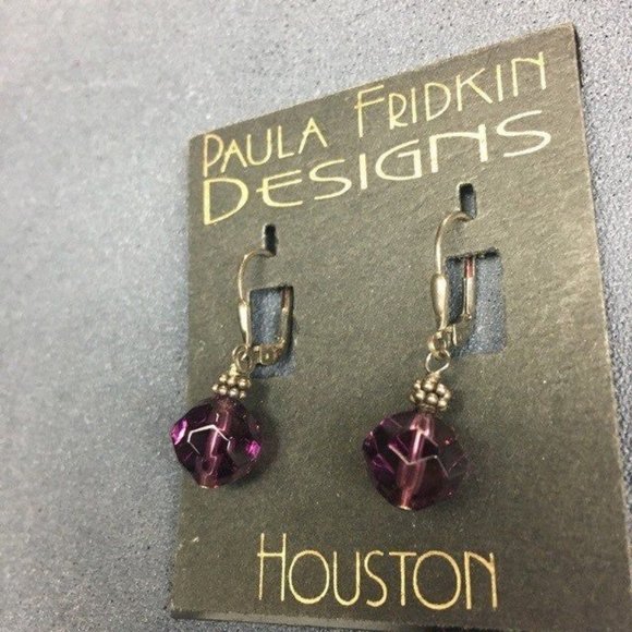 Paula Fridkin Designs Earrings Houston Purple Faceted Gunmetal Silver Dangle - Picture 2 of 3